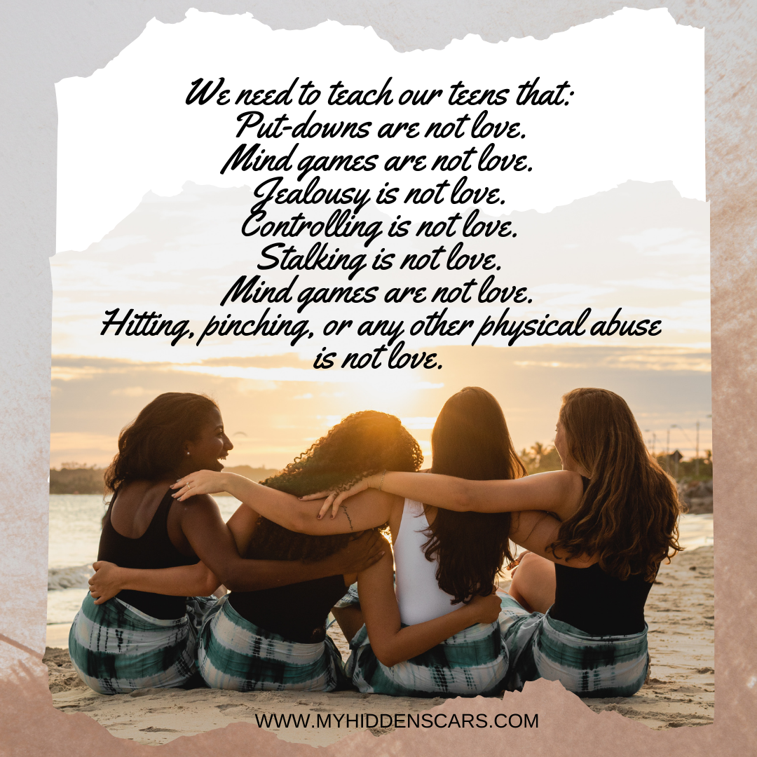 A group of girls on the beach, discussing a poem about Teen Dating Violence.