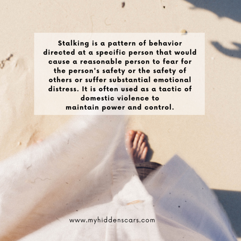 Text about stalking as a behavior for power and control, related to domestic abuse, overlaying an image of a sandy beach with a visible foot and shadow.