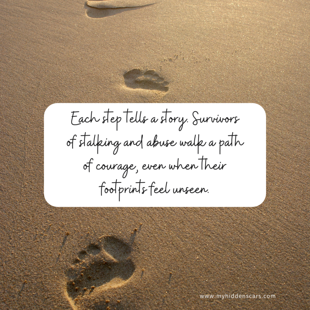 Footprints on the sandy beach with text: "Each step tells a story. Survivors of stalking and abuse walk a path of courage, echoing the resilience found in 'A Good Girl’s Guide to Murder,' even when their footprints feel unseen.