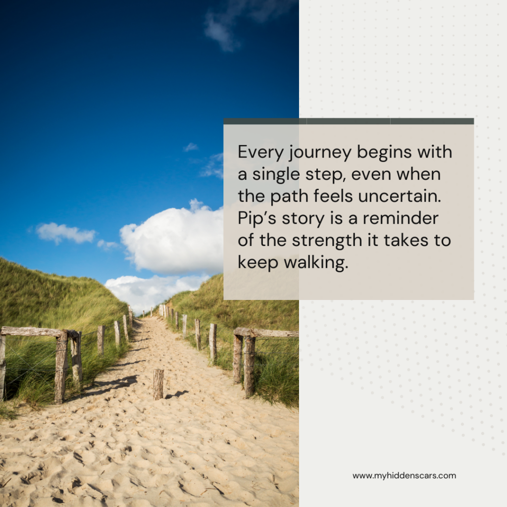 A sandy path winds between grassy dunes under a blue sky dotted with clouds. On the right, within a box, is a motivational quote inspired by "A Good Girl’s Guide to Murder," offering courage and resilience against life’s challenges.
