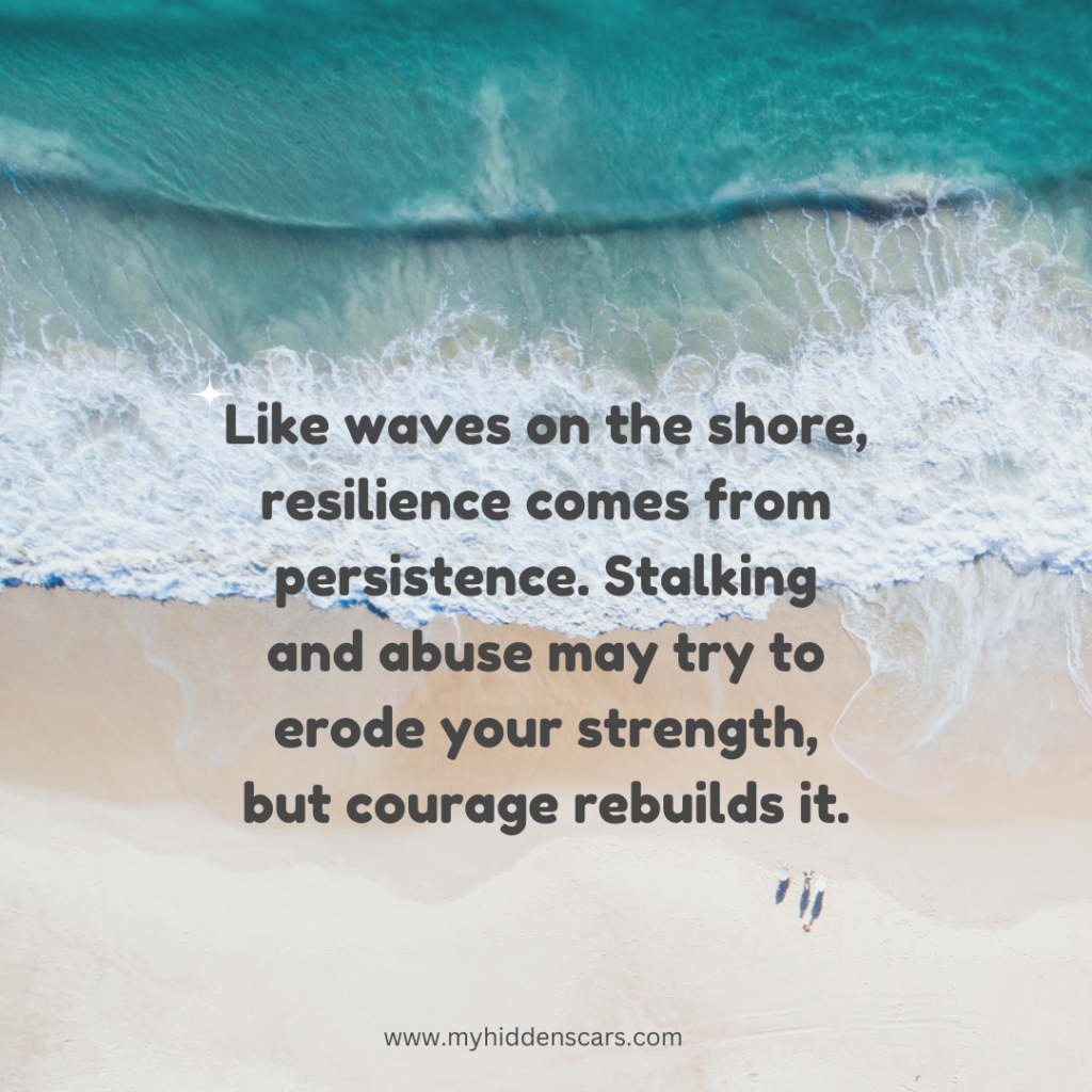 From an aerial view, waves gently kiss the shore beneath an inspiring quote about resilience, persistence, and courage in overcoming stalking and abuse. Much like "A Good Girl’s Guide to Murder," it reminds us of the strength needed to rise above adversity.