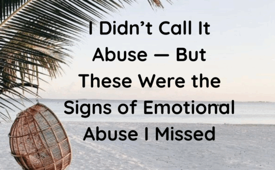 A wicker hanging chair on a sandy beach, with text overlay gently guiding viewers to recognize the subtle signs of emotional abuse.