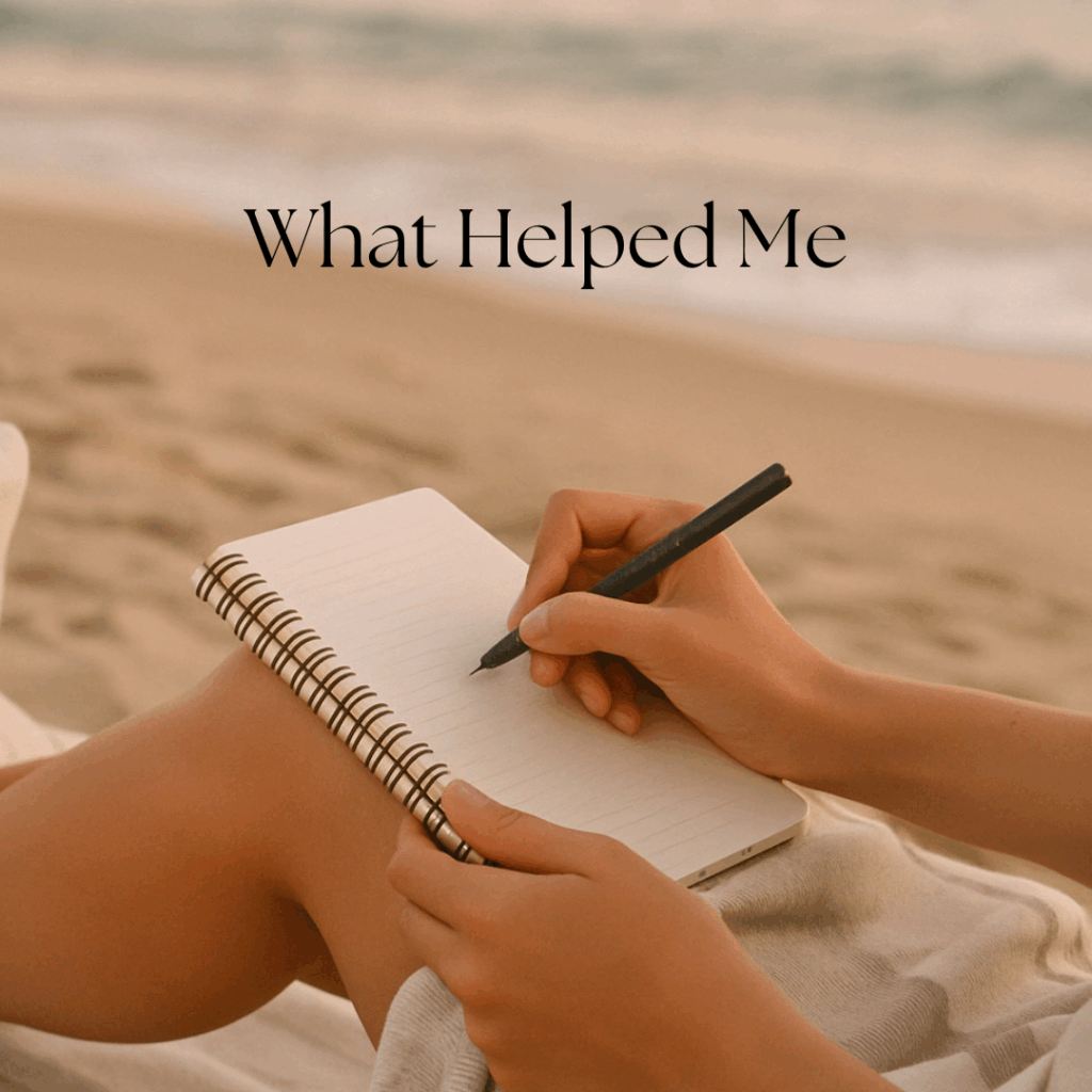 A person sits on the beach holding a notebook and pen, writing "What Helped Me" above—reflecting on overcoming stonewalling in abusive relationships.