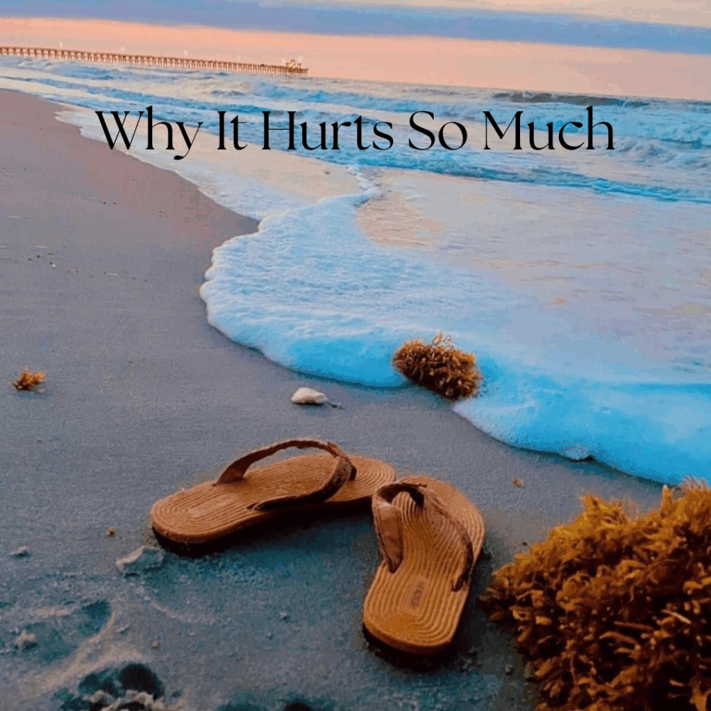 A pair of brown flip-flops on a sandy beach near the shoreline, with seaweed and ocean waves; text reads, "Why It Hurts So Much—stonewalling in abusive relationships.