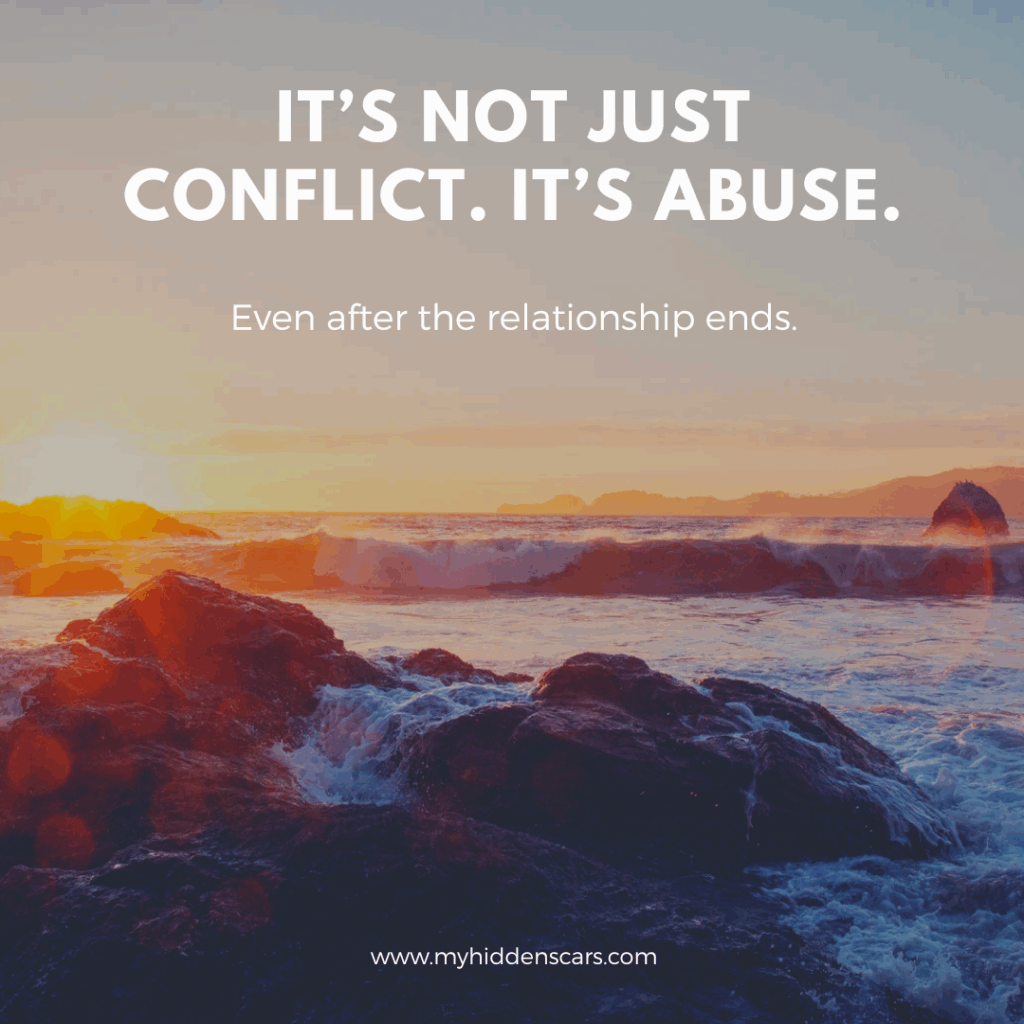 Rocky shoreline at sunset with text: "It's not just conflict. It's abuse—even after the relationship ends. Post-separation abuse is real." Website: myhiddenscars.com.