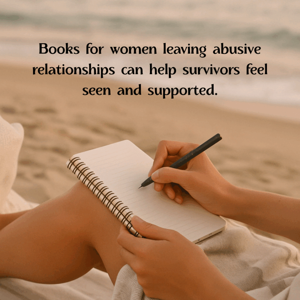 Person writing in a notebook on the beach with the text: "Books for women leaving abusive relationships offer support and understanding, helping survivors feel seen during their healing journey.