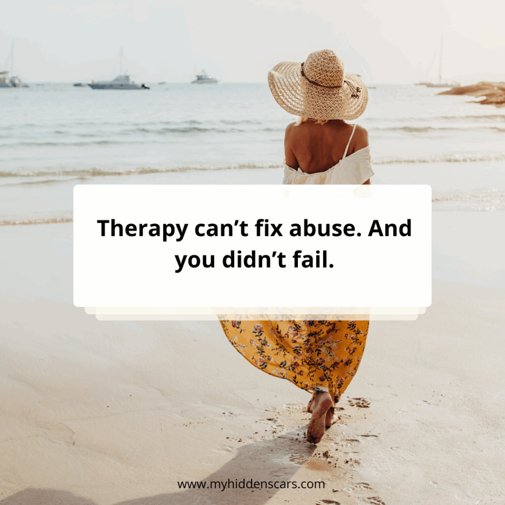 A woman in a hat and dress stands on a beach, with text overlay: "Couples therapy with an abusive partner can’t fix abuse. And you didn’t fail." Website link at the bottom.