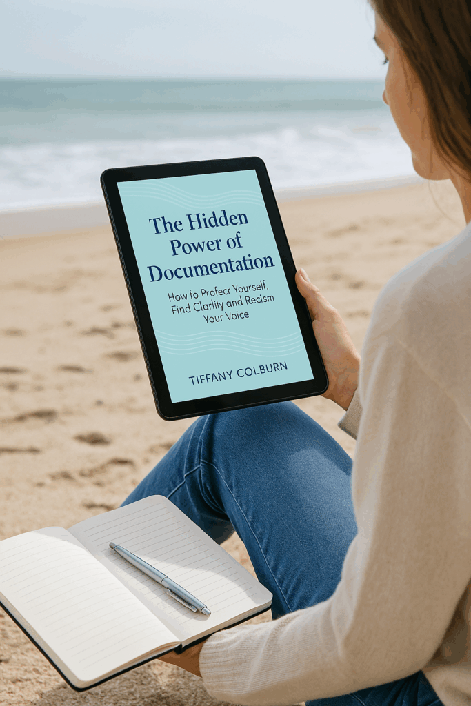Person sitting on a beach holding a tablet displaying "The Hidden Power of Documentation" by Tiffany Colburn, exploring the importance of documenting abuse, with a notebook and pen on their lap.